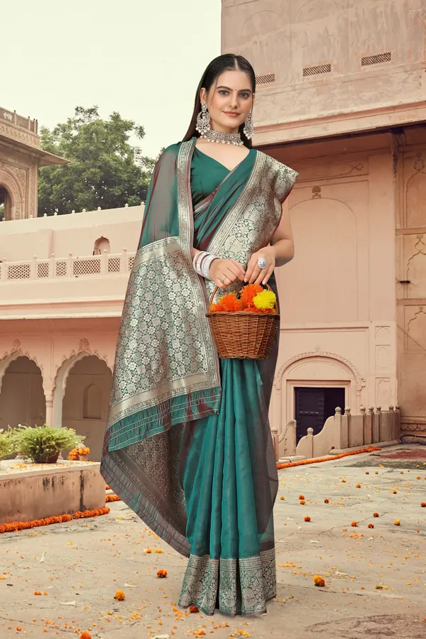 Women_Pure_Organza_Silk_Saree_|_Contrast_Silk_Border_&_Plain_Body_|_Zari_Woven_Party_Wear_with_Unstitched_Blouse