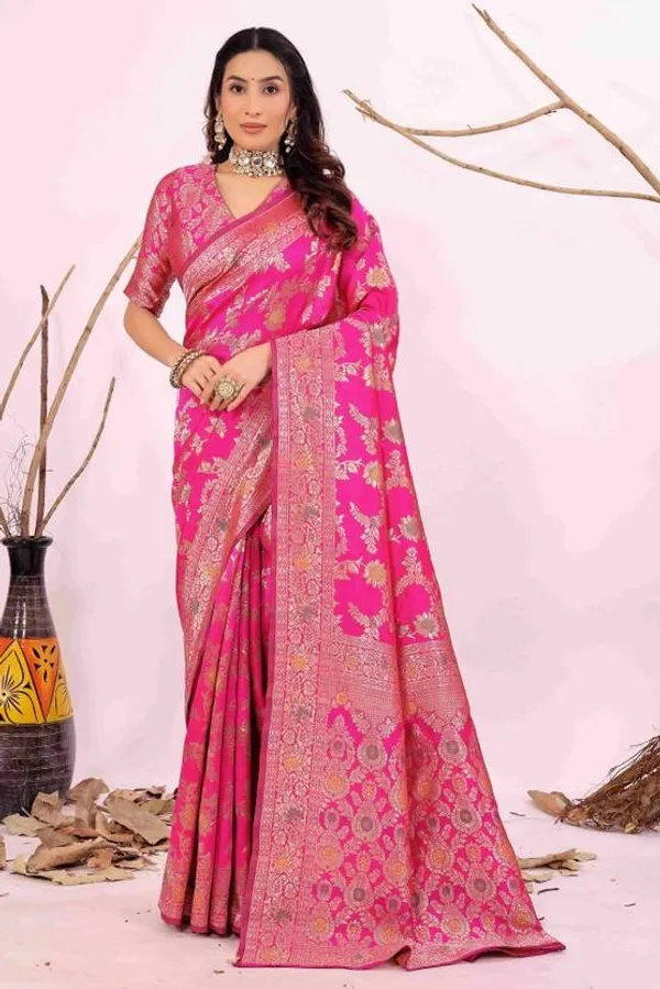 Pure_Dola_Silk_Banarasi_Saree_with_Rose_Motifs,_Zari_Weaving,_and_Piping_Lace_Borders_with_unstitched_Brocade_design_blouse_piece
