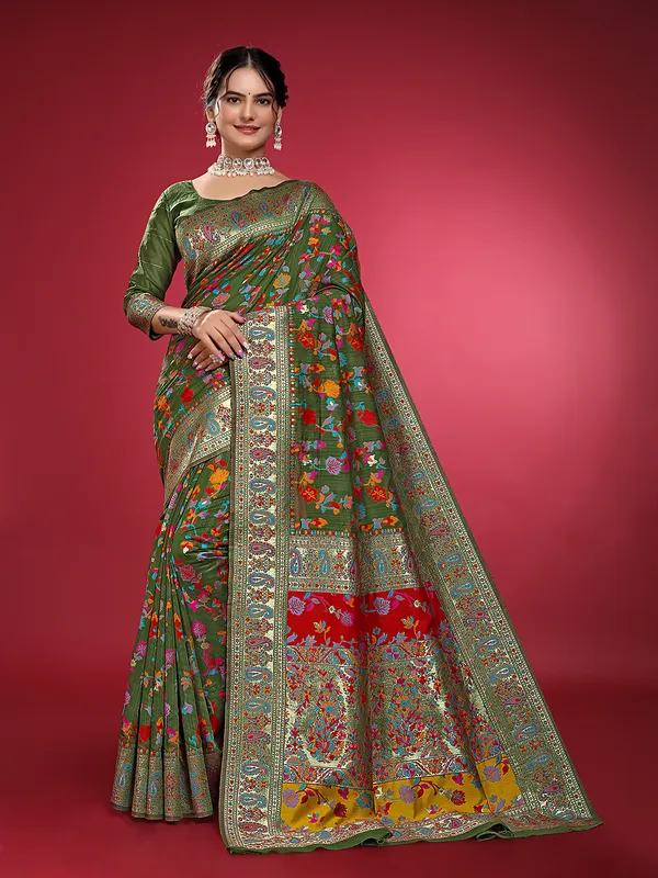 Rajwadi_Pashmina_Dark_Green_Floral_Silk_Saree_banarasi_Silk_Saree