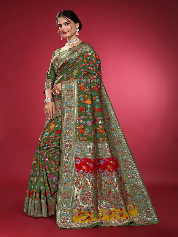 Rajwadi_Pashmina_Dark_Green_Floral_Silk_Saree_banarasi_Silk_Saree