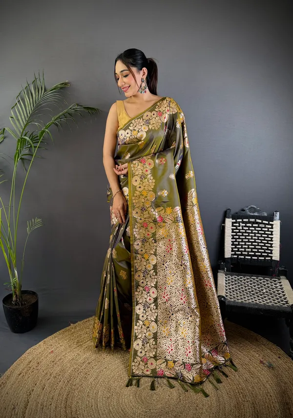 Mehendi_Banarasi_Silk_Saree_With_Unstitched_Blouse_Piece_|_For_Women