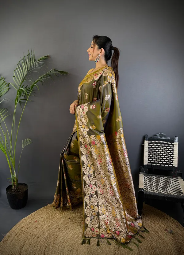 Mehendi_Banarasi_Silk_Saree_With_Unstitched_Blouse_Piece_|_For_Women