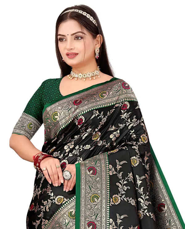 Green_Banarasi_Satin_Silk_Saree_With_Unstitched_Blouse_Piece_|_For_Women
