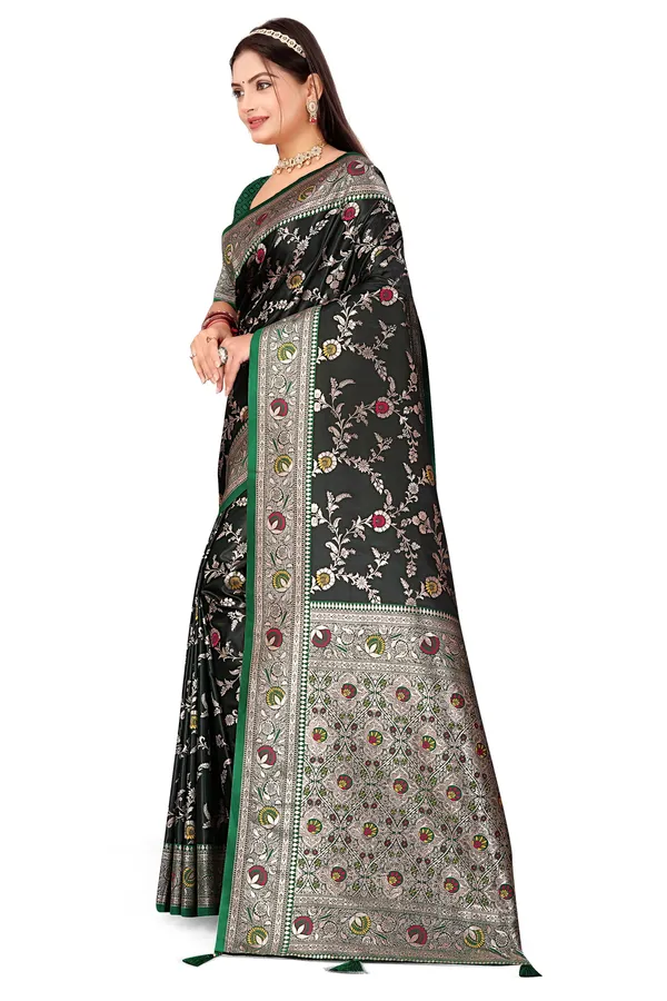 Green_Banarasi_Satin_Silk_Saree_With_Unstitched_Blouse_Piece_|_For_Women