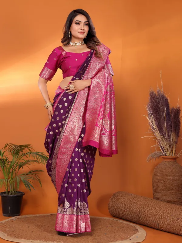 Magenta_Banarasi_Silk_Saree_With_Unstitched_Blouse_Piece_|_For_Women