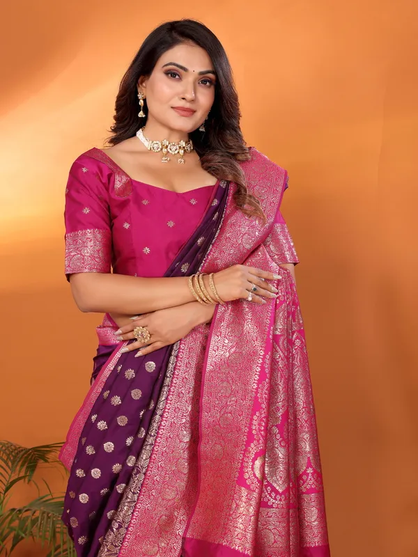 Magenta_Banarasi_Silk_Saree_With_Unstitched_Blouse_Piece_|_For_Women