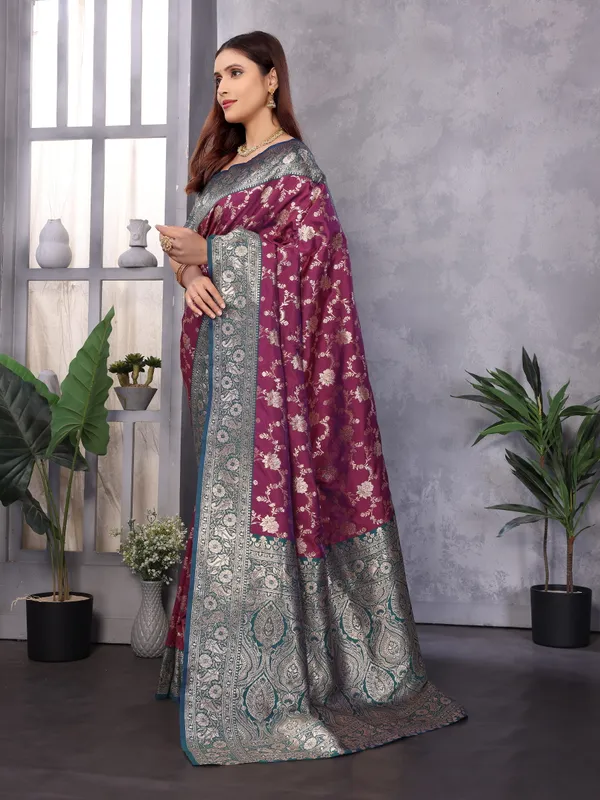Wine_Banarasi_Silk_Saree_With_Unstitched_Blouse_Piece_|_For_Women