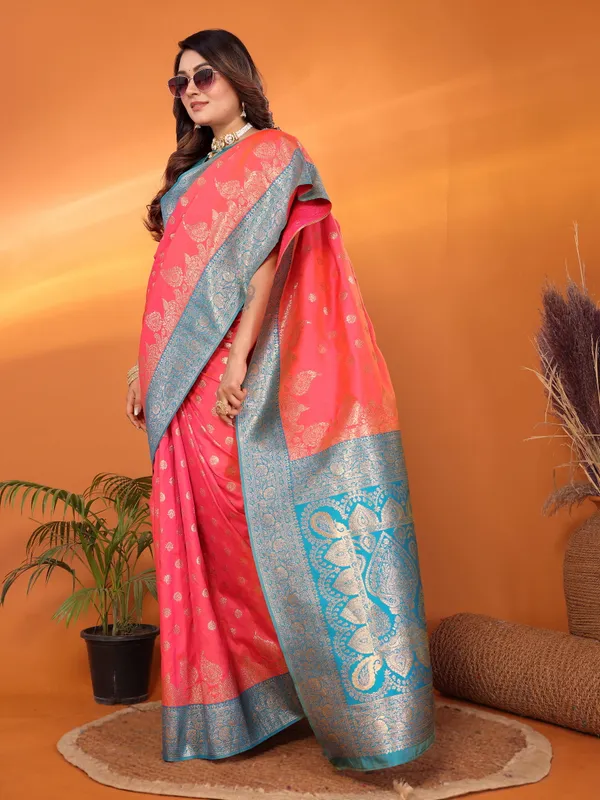 Peach_Banarasi_Silk_Saree_With_Unstitched_Blouse_Piece_|_For_Women