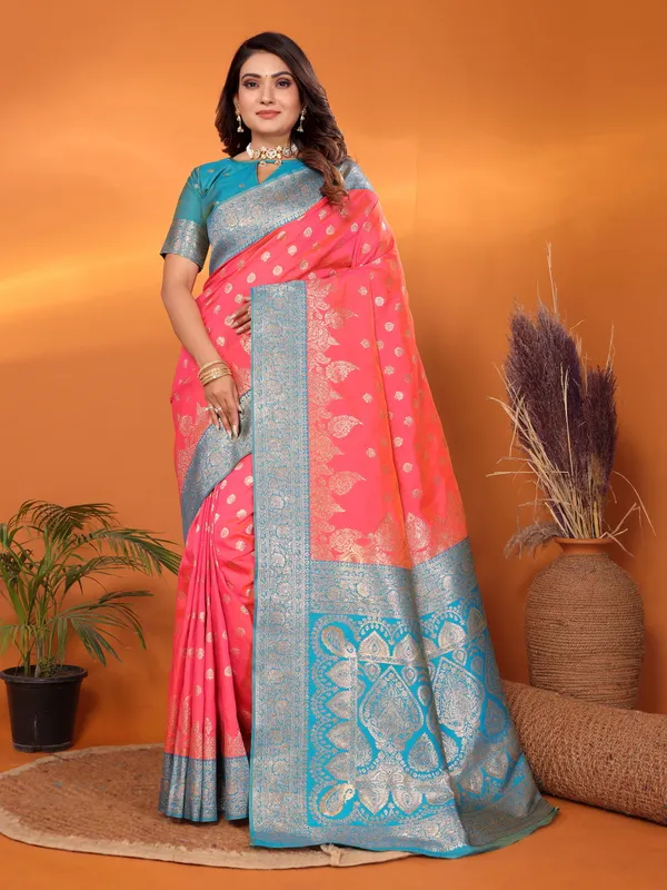 Peach_Banarasi_Silk_Saree_With_Unstitched_Blouse_Piece_|_For_Women