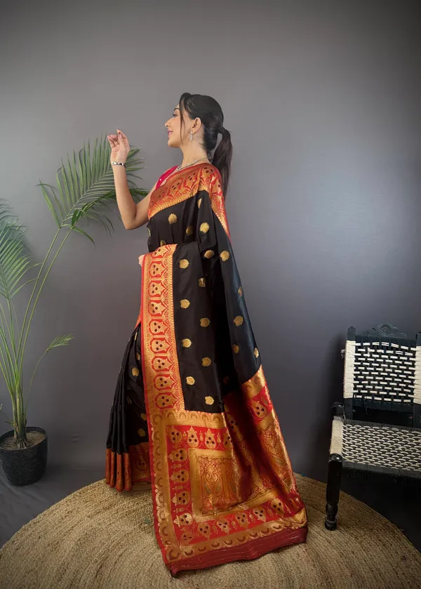 Black_Banarasi_Silk_Saree_With_Unstitched_Blouse_Piece_|_For_Women