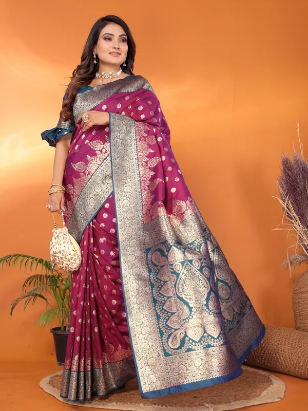 Wine_Banarasi_Silk_Saree_With_Unstitched_Blouse_Piece_|_For_Women