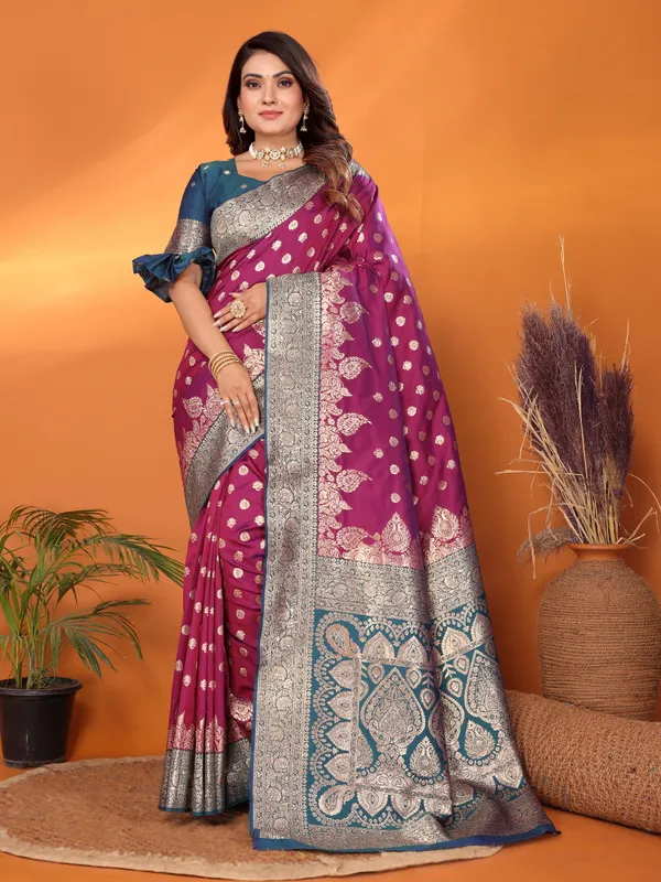 Wine_Banarasi_Silk_Saree_With_Unstitched_Blouse_Piece_|_For_Women