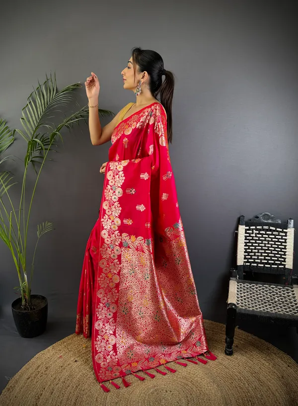 Strawberry_Red_Banarasi_Silk_Saree_With_Unstitched_Blouse_Piece_|_For_Women