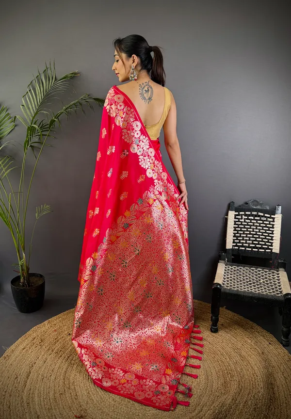 Strawberry_Red_Banarasi_Silk_Saree_With_Unstitched_Blouse_Piece_|_For_Women