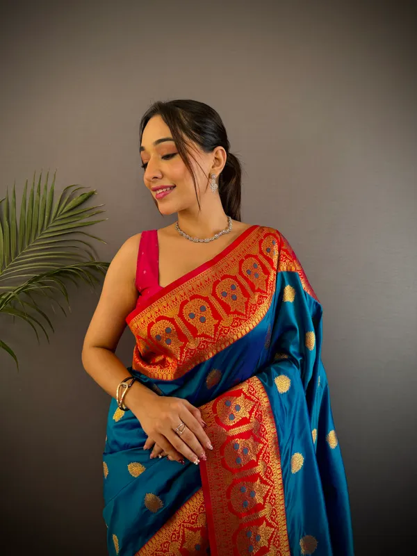 Blue_Banarasi_Satin_Silk_Saree_With_Unstitched_Blouse_Piece_|_For_Women