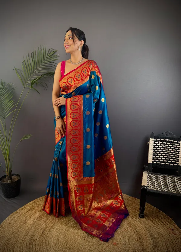 Blue_Banarasi_Satin_Silk_Saree_With_Unstitched_Blouse_Piece_|_For_Women