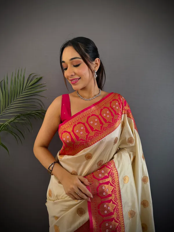 Cream_Banarasi_Silk_Saree_With_Unstitched_Blouse_Piece_|_For_Women