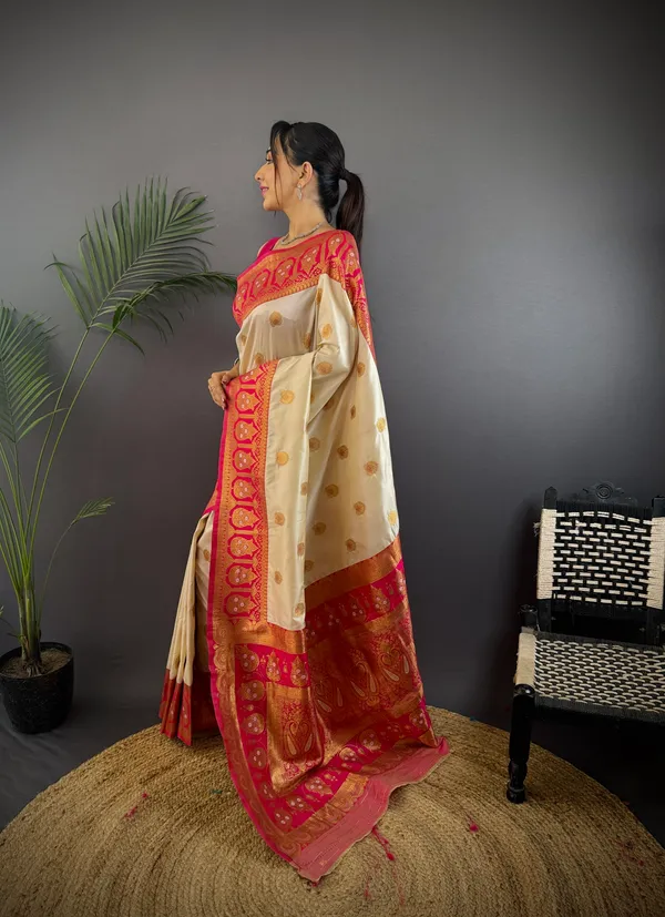 Cream_Banarasi_Silk_Saree_With_Unstitched_Blouse_Piece_|_For_Women