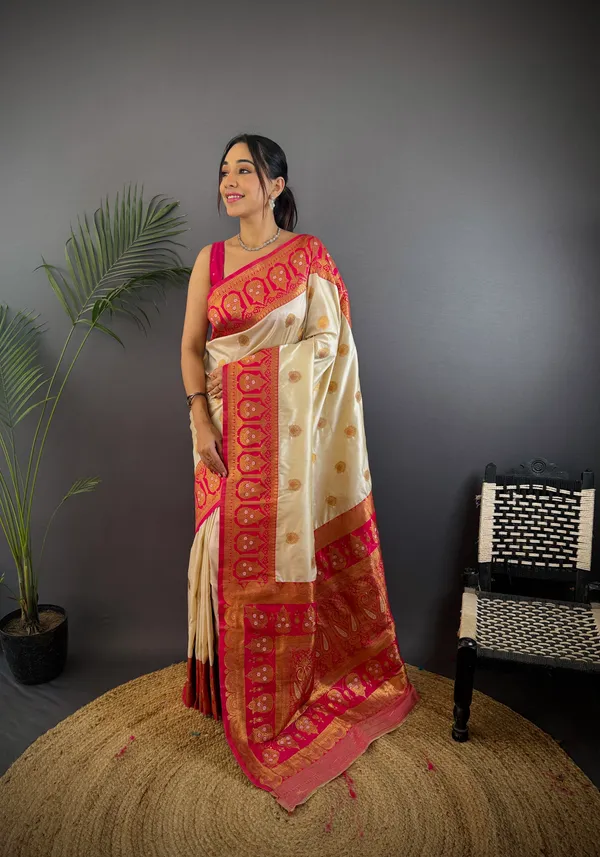 Cream_Banarasi_Silk_Saree_With_Unstitched_Blouse_Piece_|_For_Women