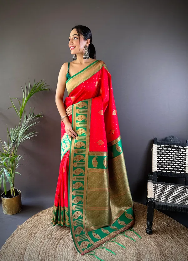Red_Banarasi_Silk_Saree_With_Unstitched_Blouse_Piece_|_For_Women