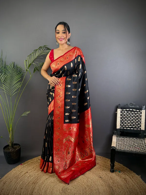 Black_Banarasi_Silk_Saree_With_Unstitched_Blouse_Piece_|_For_Women
