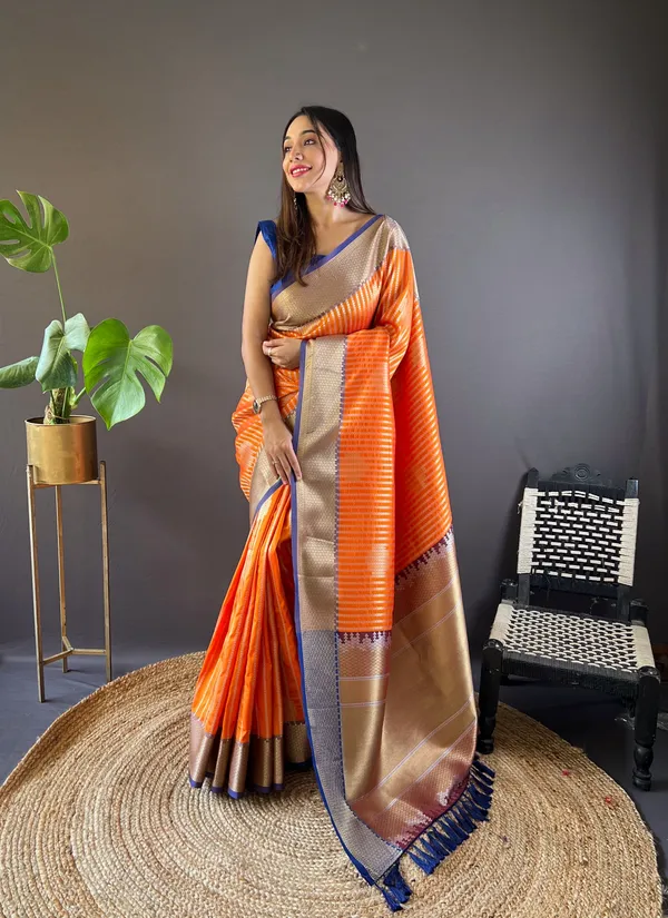 Orange_Banarasi_Silk_Saree_With_Unstitched_Blouse_Piece_|_For_Women