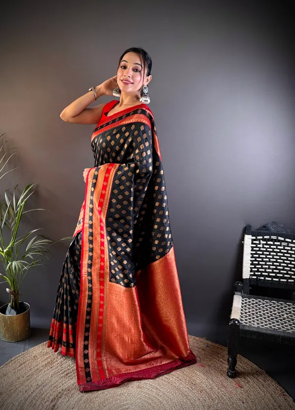 Black_Banarasi_Silk_Saree_With_Unstitched_Blouse_Piece_|_For_Women