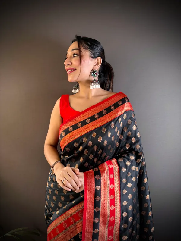 Black_Banarasi_Silk_Saree_With_Unstitched_Blouse_Piece_|_For_Women
