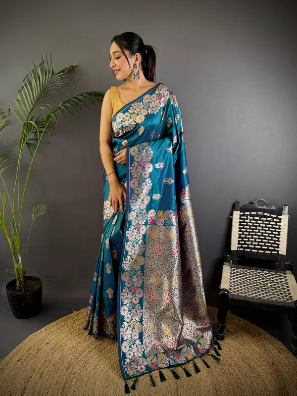 Blue_Banarasi_Silk_Saree_With_Unstitched_Blouse_Piece_|_For_Women