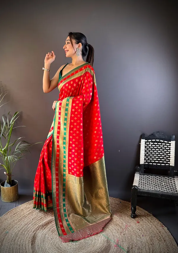Red_Banarasi_Silk_Saree_With_Unstitched_Blouse_Piece_|_For_Women