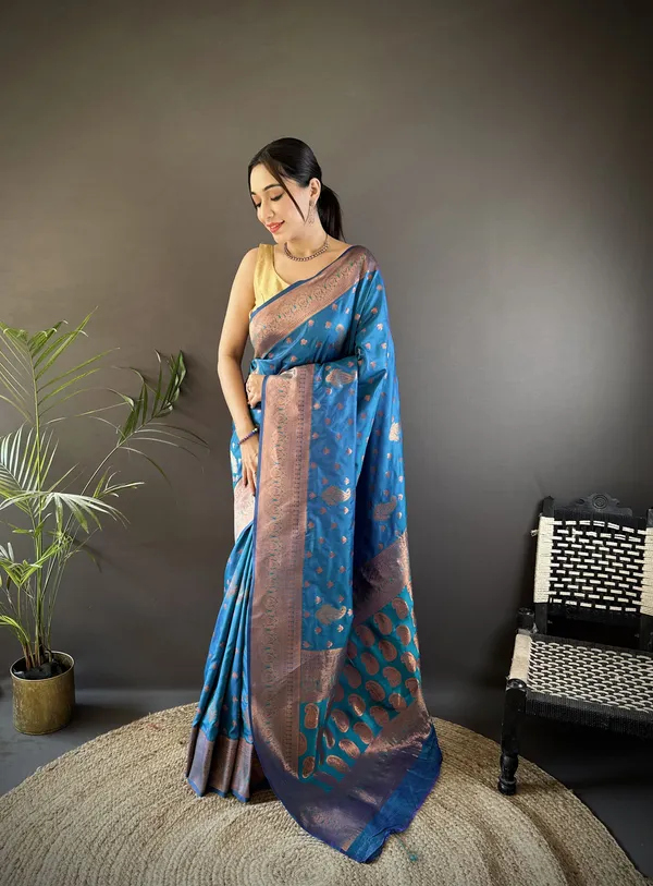 Peacock_Blue_Banarasi_Silk_Saree_With_Unstitched_Blouse_Piece_|_For_Women