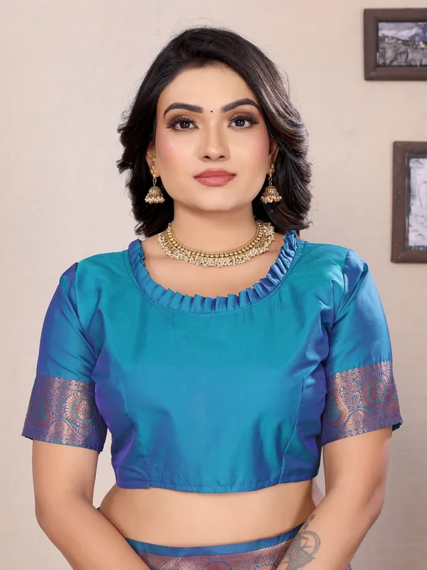 Peacock_Blue_Banarasi_Silk_Saree_With_Unstitched_Blouse_Piece_|_For_Women