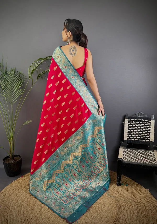 Red_Banarasi_Silk_Saree_With_Unstitched_Blouse_Piece_|_For_Women
