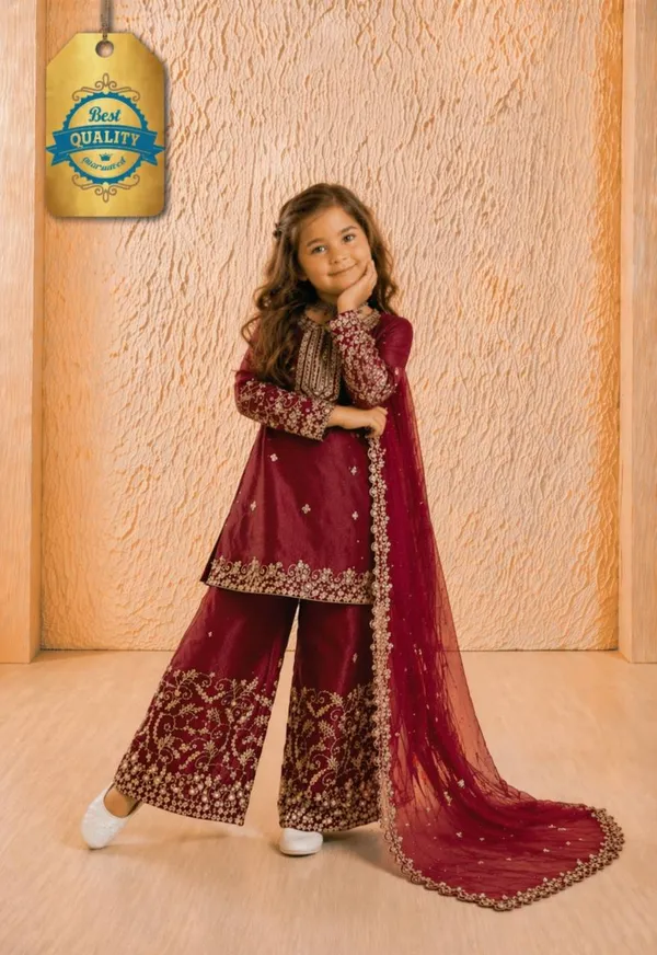 Maroon_Colour_Kids_Wear_Top_Palazzo_And_Dupatta