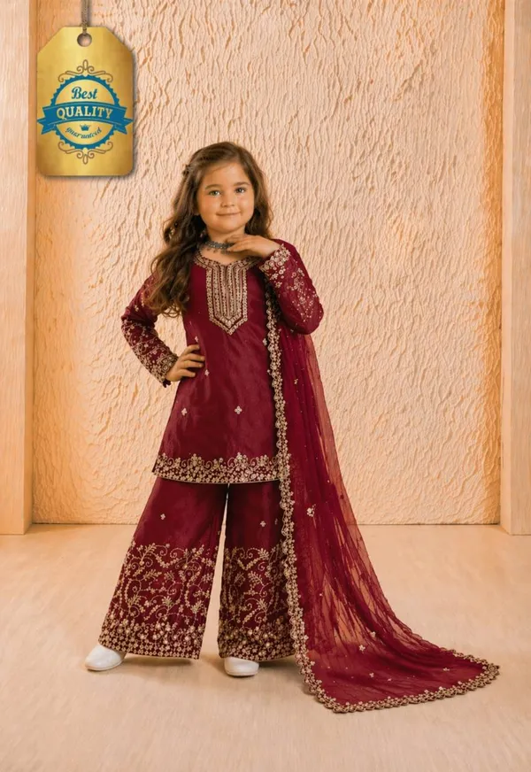 Maroon_Colour_Kids_Wear_Top_Palazzo_And_Dupatta