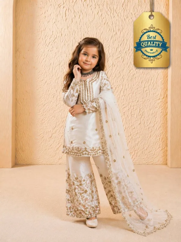 White_Colour_Kids_Wear_Top_Palazzo_And_Dupatta