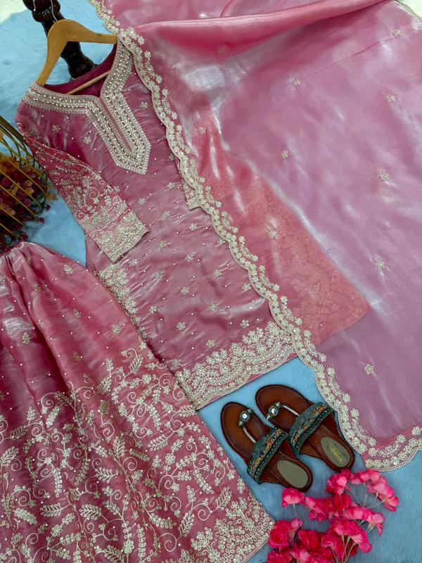 Strawberry_Pink_Heavy_Embroidered_Kurti_with_Palazzo_&_Dupatta_Suit_Set_|_For_Women