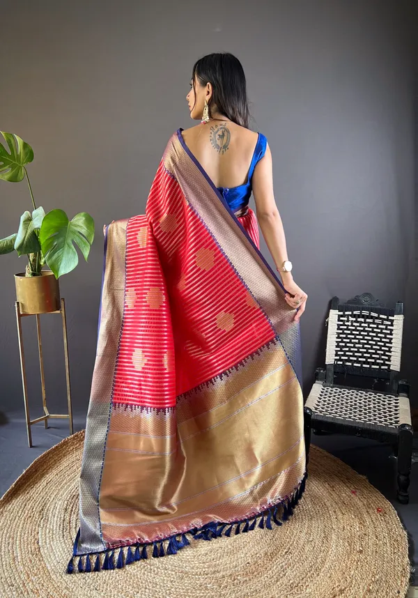Red_Banarasi_Silk_Saree_With_Unstitched_Blouse_Piece_|_For_Women