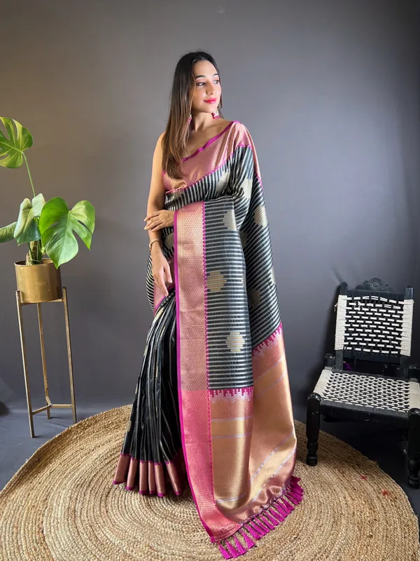 Black_Banarasi_Silk_Saree_With_Unstitched_Blouse_Piece_|_For_Women