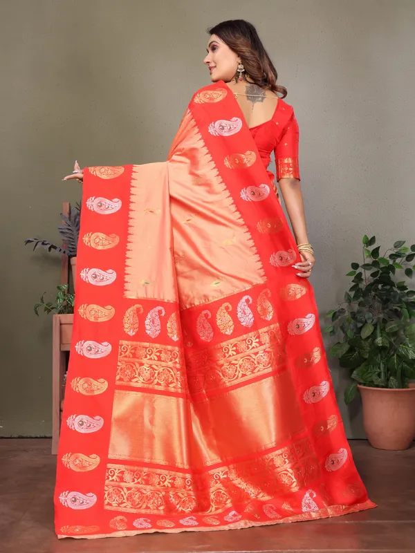Orange_Peach_Banarasi_Silk_Saree_With_Unstitched_Blouse_Piece_|_For_Women