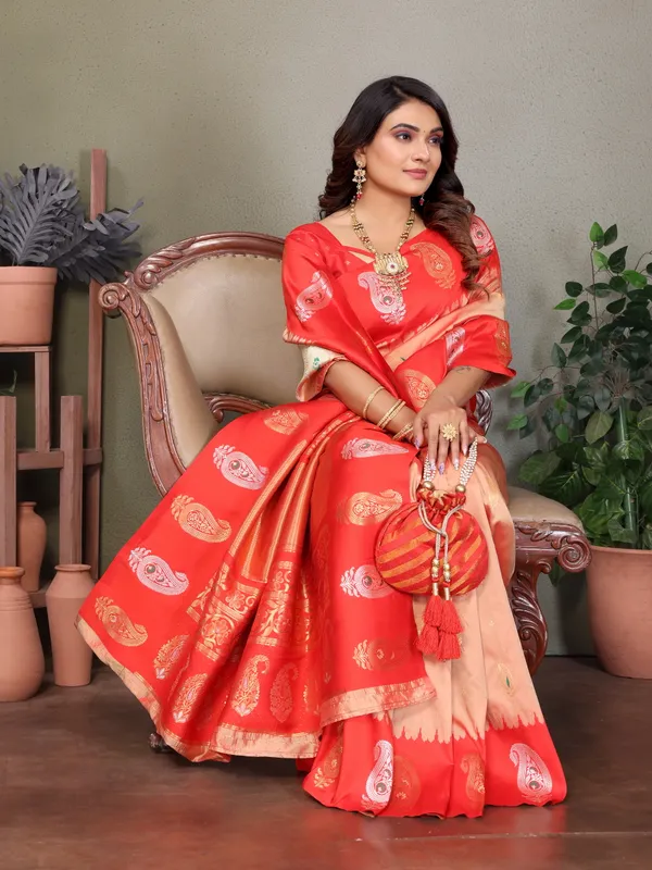 Orange_Peach_Banarasi_Silk_Saree_With_Unstitched_Blouse_Piece_|_For_Women