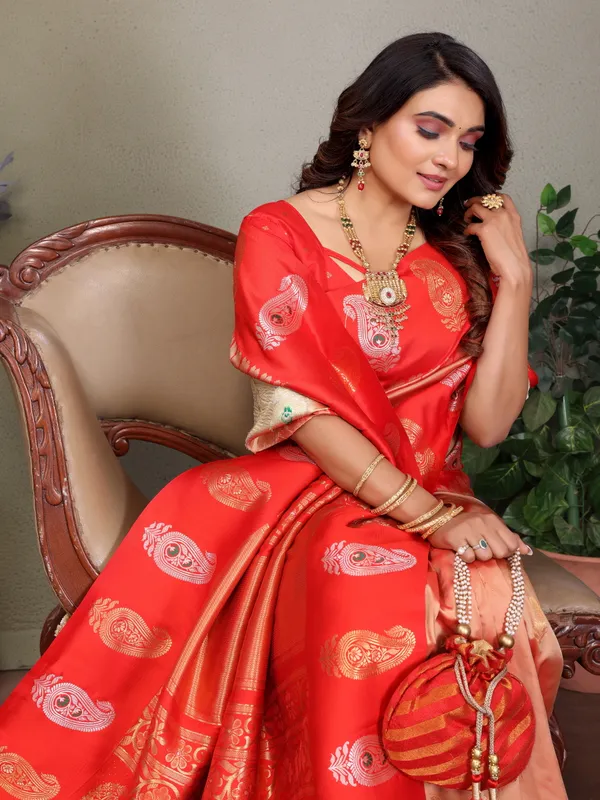 Orange_Peach_Banarasi_Silk_Saree_With_Unstitched_Blouse_Piece_|_For_Women