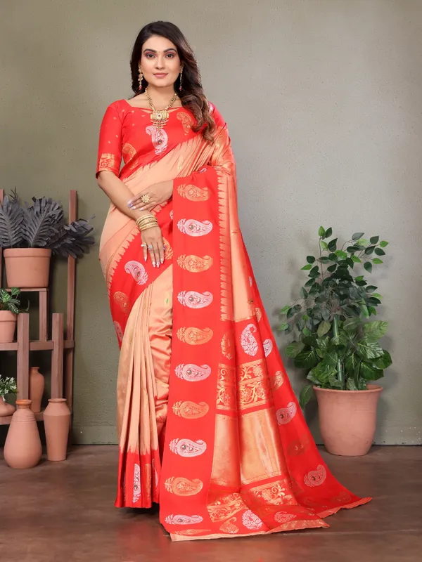 Orange_Peach_Banarasi_Silk_Saree_With_Unstitched_Blouse_Piece_|_For_Women