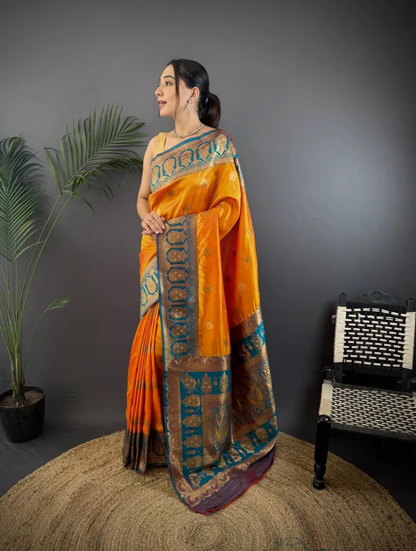 Yellow_Banarasi_Satin_Silk_Saree_With_Unstitched_Blouse_Piece_|_For_Women