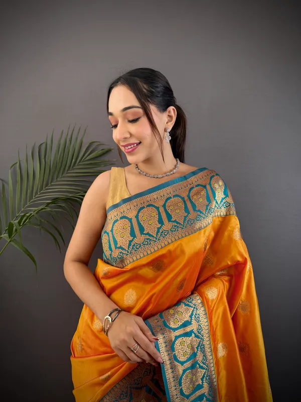 Yellow_Banarasi_Satin_Silk_Saree_With_Unstitched_Blouse_Piece_|_For_Women