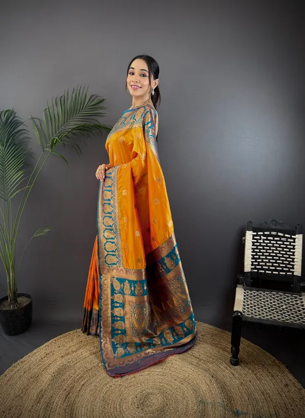 Yellow_Banarasi_Satin_Silk_Saree_With_Unstitched_Blouse_Piece_|_For_Women