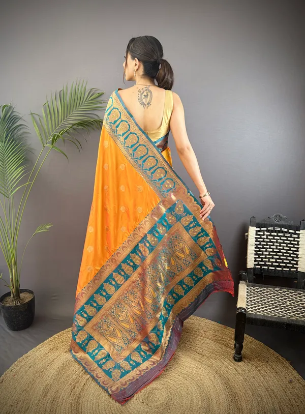 Yellow_Banarasi_Satin_Silk_Saree_With_Unstitched_Blouse_Piece_|_For_Women