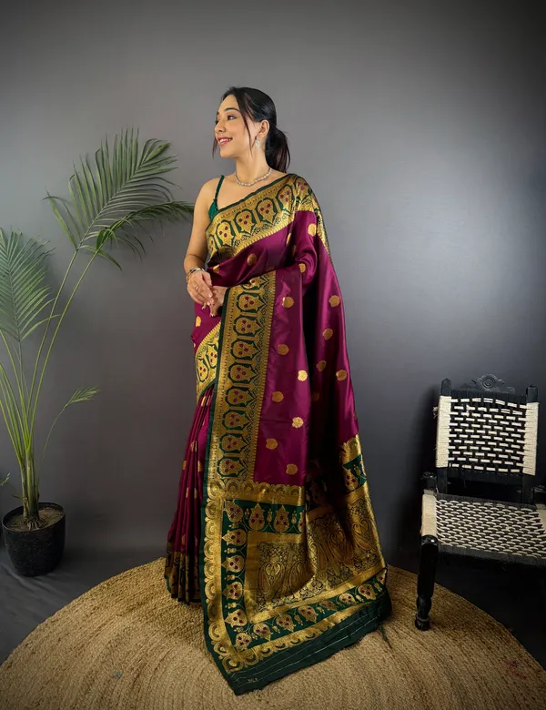 Wine_Banarasi_Silk_Saree_With_Unstitched_Blouse_Piece_|_For_Women