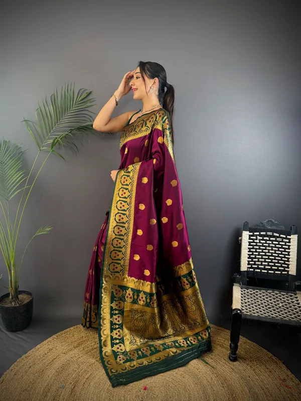 Wine_Banarasi_Silk_Saree_With_Unstitched_Blouse_Piece_|_For_Women