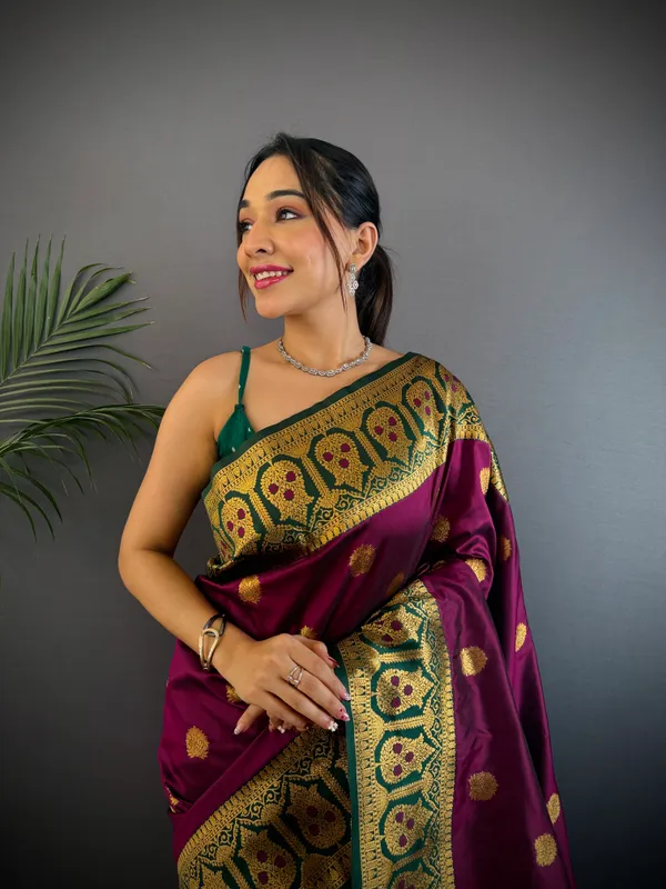 Wine_Banarasi_Silk_Saree_With_Unstitched_Blouse_Piece_|_For_Women